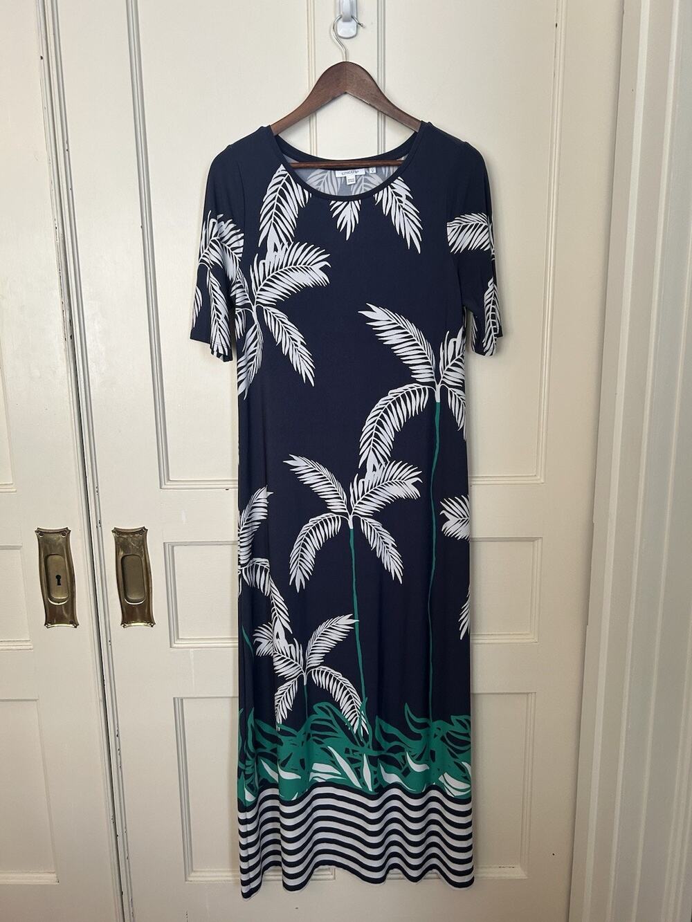 Chico's Tropical Stretch Maxi Dress Womens Size Medium Blue Vacation Comfort